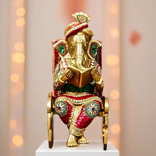 Brassaura™ Brass Ganesha on Rocking Chair Reading Book with Stonework | Height 17 Inches & Weight 15 Kgs