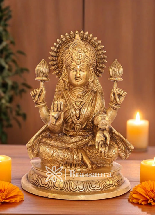 Brassaura™ Classic Brass Laxmi Statue – Height 8 Inches & Weight 3 Kgs | Puja Room Idol