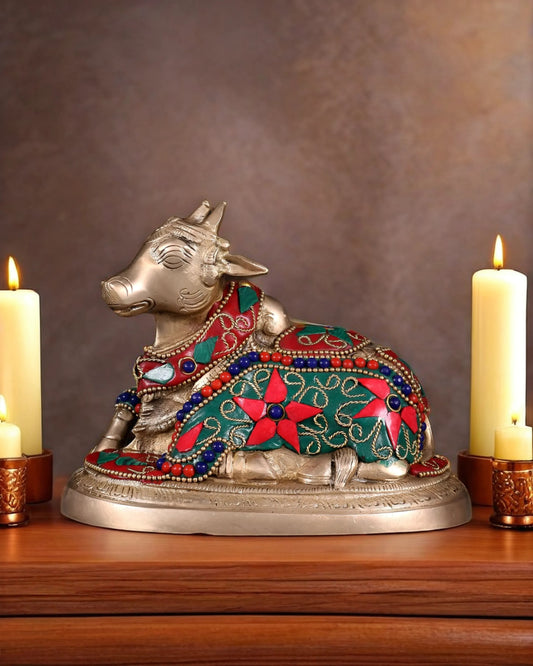 Brassaura™ Brass Superfine Nandi Bull Idol with Floral Stonework – Height 4.5" & Weight 2 Kgs
