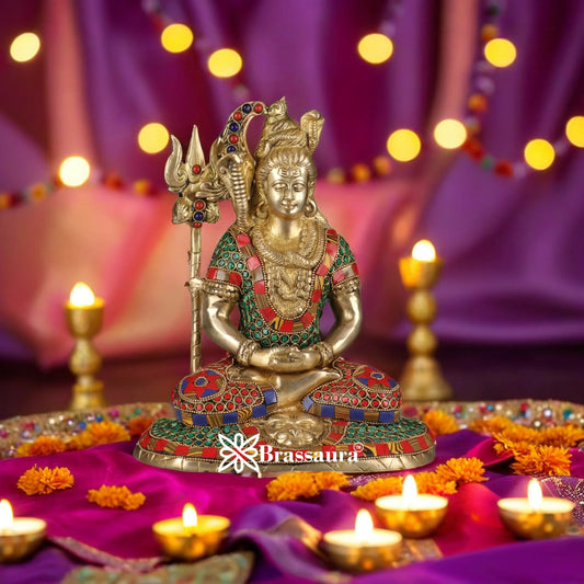 Brassaura™ Gemstone Decorated Brass Lord Shiva Statue – Height 10 Inches & Weight 4.3 Kgs | Spiritual Home Accent