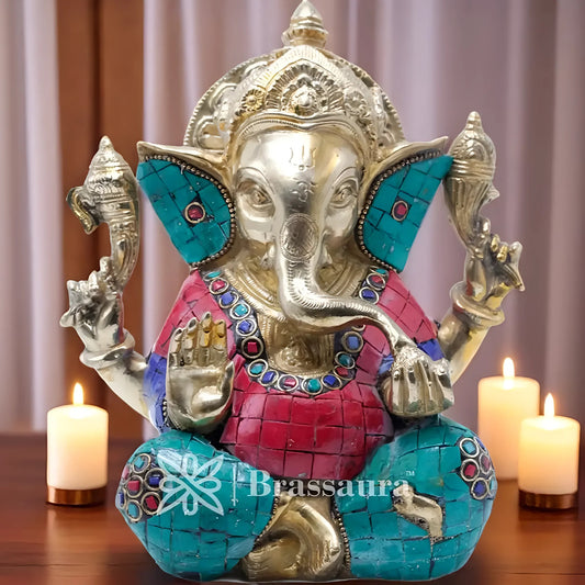 Brassaura™ Brass Gem Stone Work Ganesha Idol for Home and Decor | Weight 3.4 Kgs | Height 8 Inches