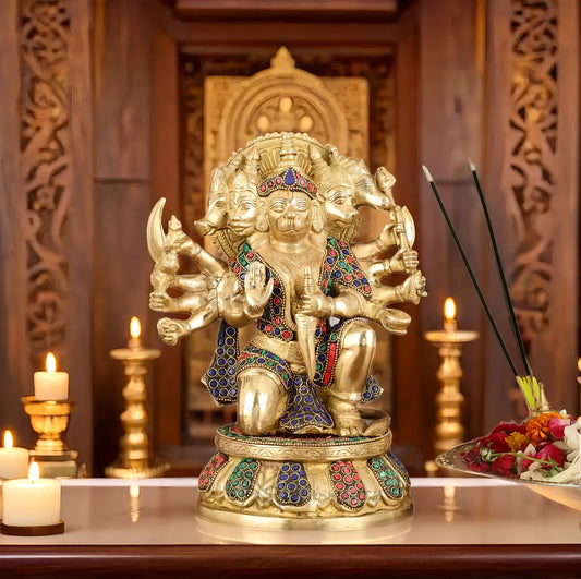 Brassaura™ Brass Superfine Panchmukhi Hanuman Idol – Height 10 Inches & Weight 7 Kgs | Stonework