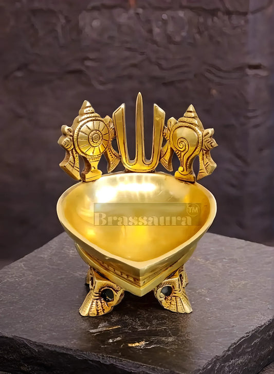 Brassaura™ Handcrafted Brass Shanku Chakra Namah Diya – Height 5 Inches | Traditional Oil Lamp, 1.5 Kgs