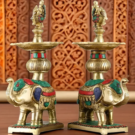 Brassaura™ Pair of Brass Elephants Holding Peacock Lamps – Height 11.5 Inches | Traditional Oil Lamps, 6 Kgs