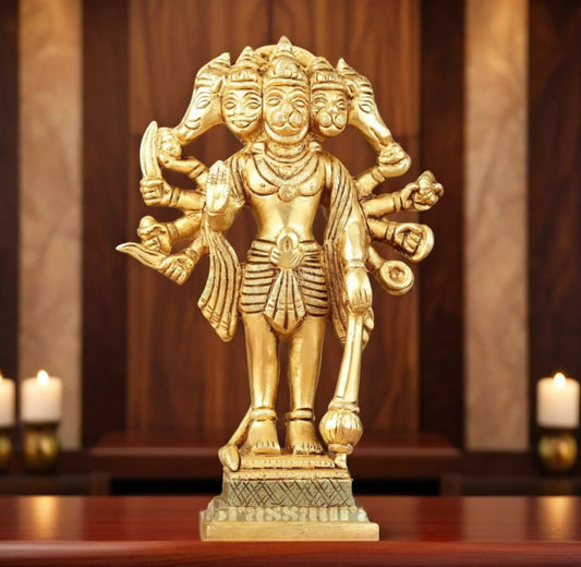 Brassaura™ Pure Brass Standing Panchmukhi Hanuman Idol – Height 7 Inches & Weight 1.182 Kgs | Handcrafted Miniature Idol