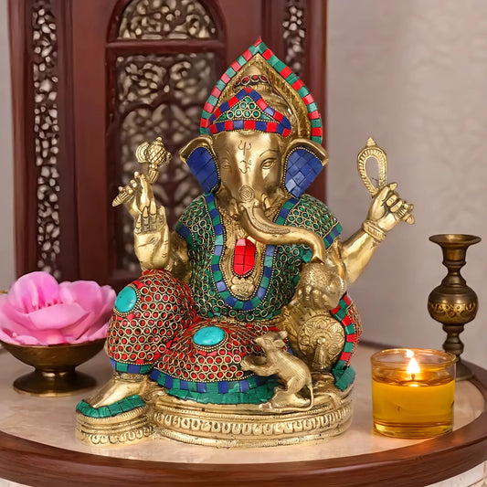Brassaura™ Brass Gem Stone Work Ganesha Statue | Height 17.7 Inches & Weight 9 Kgs
