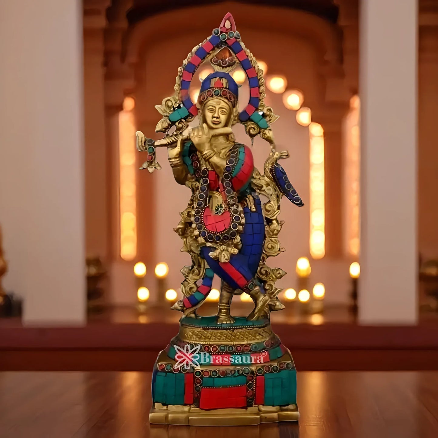 Brassaura® Lord Krishna Playing Flute Idol with Multicolor Stone Work Finish | Pure Superfine Brass Handcrafted Murti | Brass Statue for Home Temple, Pooja Room | Height 15 Inches | Weight 2.7 Kgs