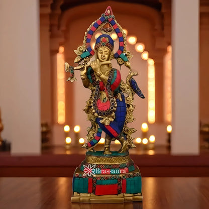 Brassaura® Lord Krishna Playing Flute Idol with Multicolor Stone Work Finish | Pure Superfine Brass Handcrafted Murti | Brass Statue for Home Temple, Pooja Room | Height 15 Inches | Weight 2.7 Kgs