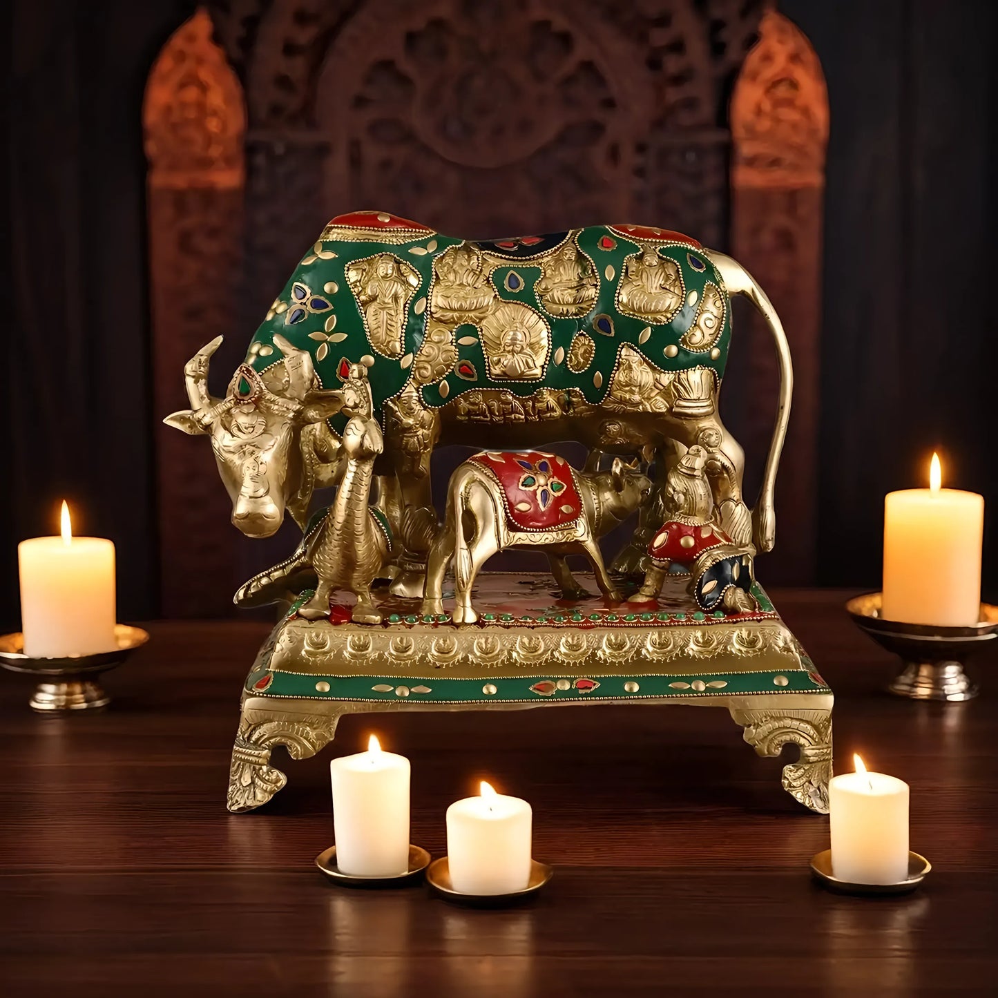 Brassaura™ Brass Gem Stone Work Kamdhenu Cow & Calf Idol – Height 7 Inches & Weight 7.8 Kgs | Artistic Spiritual Accent