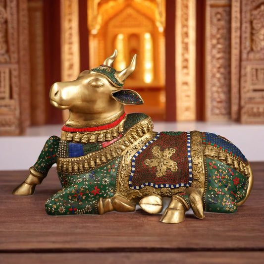 Brassaura™ Handcrafted Brass Nandi Bull with Stone Work – Height 21 Inches & Weight 30 Kgs | Artistic Devotional Sculpture