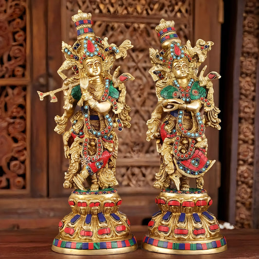 Brassaura™ Brass Radha Krishna Idol Pair with Exquisite Stonework – Height 15 Inches & Weight 10 Kgs | Divine Love Statues