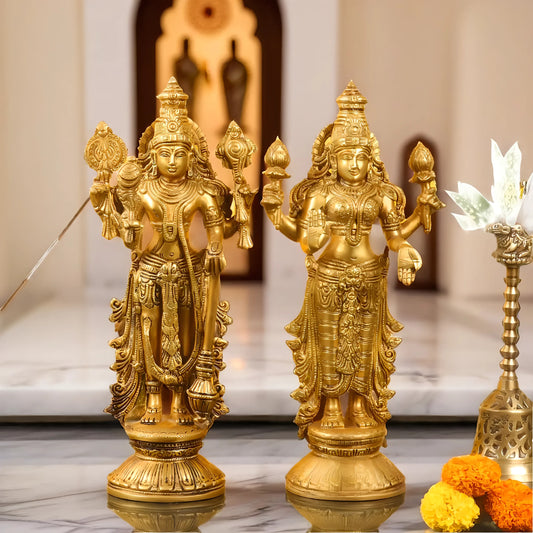 Brassaura™ Pure Superfine Brass Lord Vishnu & Goddess Lakshmi Statues – 7kg Combined, 12-Inch – Handcrafted Southern Indian Artistry
