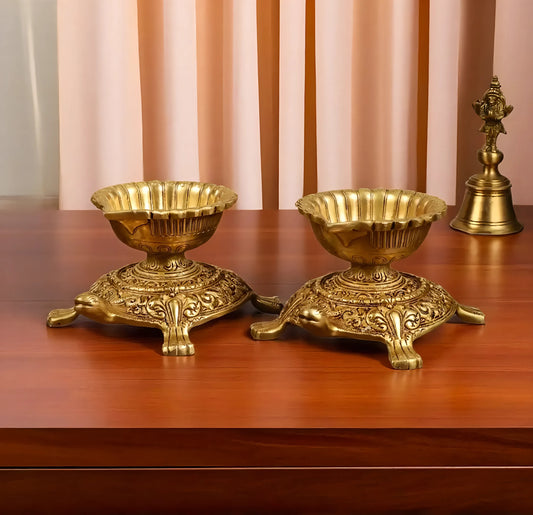 Brassaura™ Brass Tortoise Shaped Diya Lamps Pair with Matte Gold Finish – Height 4 Inches | Traditional Oil Lamp, 3.6  Kgs