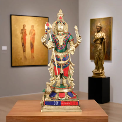 Brassaura™ Pure Brass Kartikeya Murugan Swamy Statue with Stonework – 14 Inches Height, 4.45 Kgs – Intricately Handcrafted