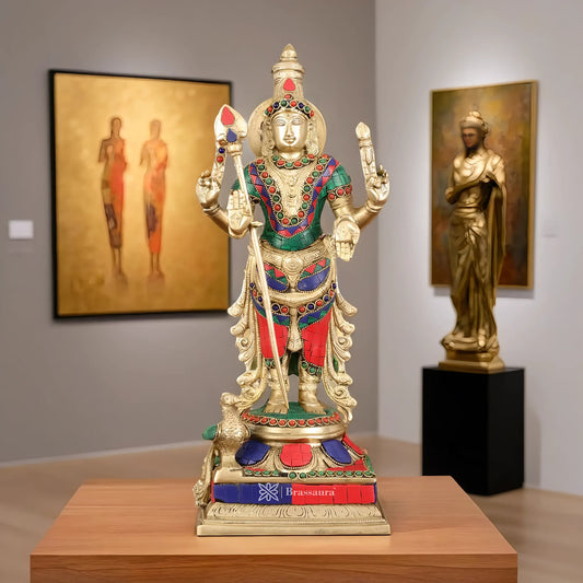 Brassaura™ Pure Brass Kartikeya Murugan Swamy Statue with Stonework – 14 Inches Height, 4.45 Kgs – Intricately Handcrafted