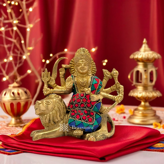 Brass Gem Stone Work Durga For Home And Décor Height 4.8 Inches & Weight 0.9 Kgs