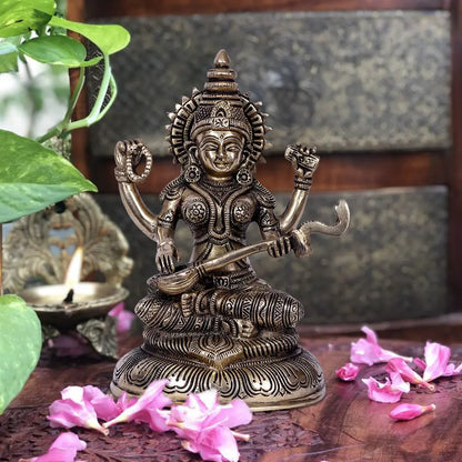 Brassaura® Brass Goddess Saraswati Statue | Height 8 Inches & Weight 1.80 kg