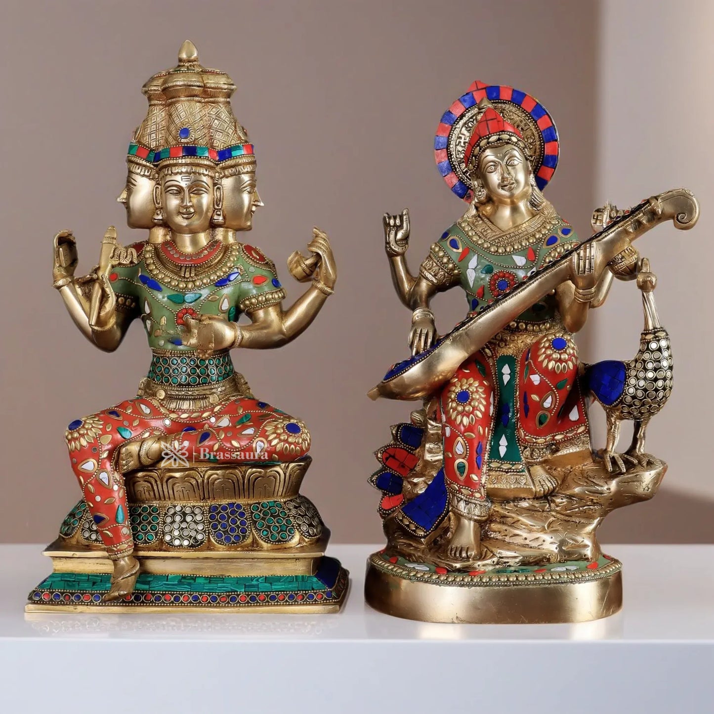 Brassaura™ Brass Gem Stone Work Saraswati & Lord Brahma For Puja Room Height 15 Inches & Weight 20 Kgs
