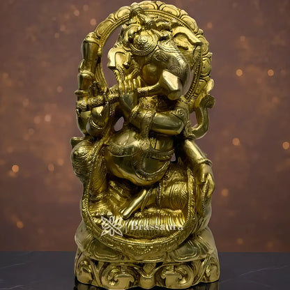 Brassaura™ Brass Flute Ganesha Murti – Height 12.6 inches & Weight 7.4 kgs | Ganpati Playing Flute Idol for Pooja & Home Décor