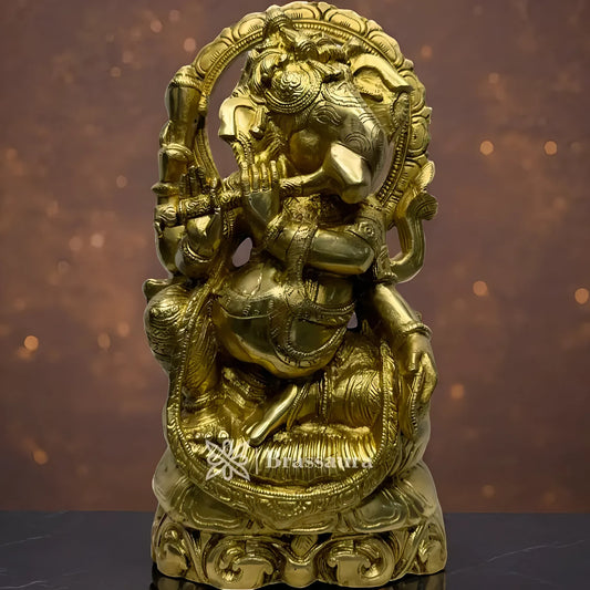 Brassaura™ Brass Flute Ganesha Murti – Height 12.6 inches & Weight 7.4 kgs | Ganpati Playing Flute Idol for Pooja & Home Décor