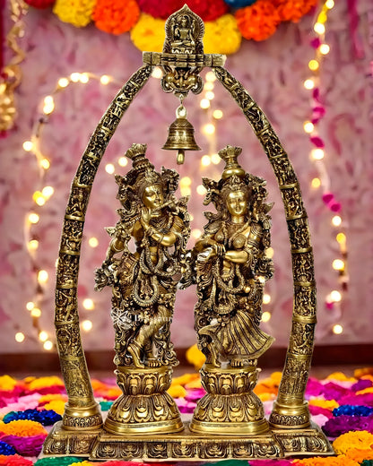 Brassaura™ Brass Radha Krishna Idol Pair with Arch & Krishna Leelas – Height 29 Inches & Weight 65 Kgs | Divine Devotional Statue