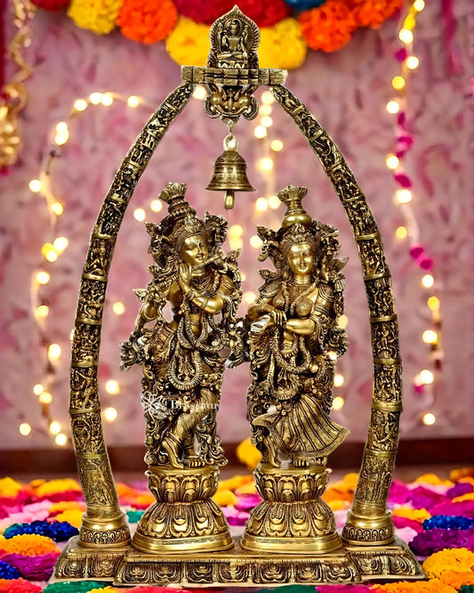 Brassaura™ Brass Radha Krishna Idol Pair with Arch & Krishna Leelas – Height 29 Inches & Weight 65 Kgs | Divine Devotional Statue