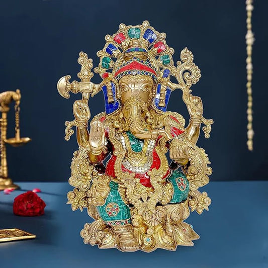Brassaura® Brass Ganesha Mangalkari Statue with Lotus Frame | Height 16 Inches