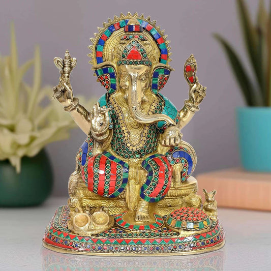 Brassaura® Brass Lord Ganesha Idol | 13 Inch Multicolor Ganpati Statue | Handcrafted Brass Murti for Home & Mandir