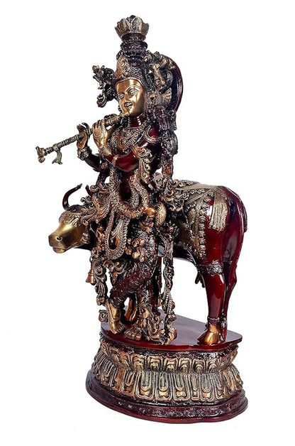 Brassaura® Brass Lord Krishna with Cow Statue | 28 Inch Large Brass Krishna Idol | Handcrafted Murti for Home & Temple