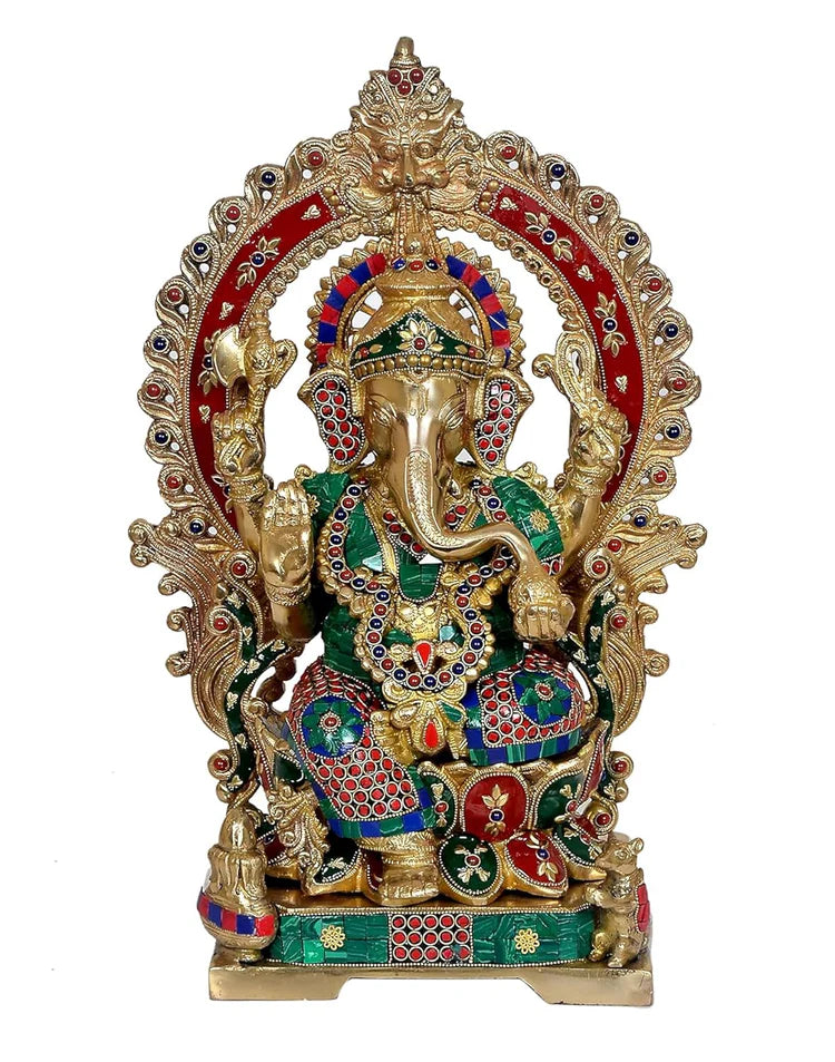 Brassaura® Brass Ganesha Statue with Kirtimuka Frame | Height 17.5 Inches