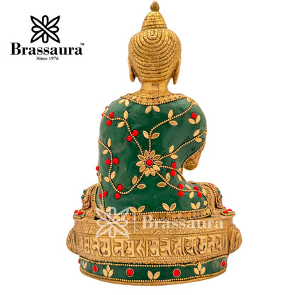 Brass Gem Stone Work Meditative Buddha Idol for Home and Decor Weight 3.6 Kg Height 25 cm