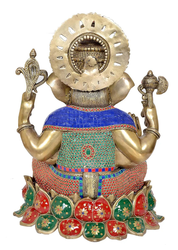 Brassaura® Brass Lord Ganesha Idol | 21.5 Inch Multicolor Ganpati Statue | Handcrafted Brass Murti for Home & Mandir