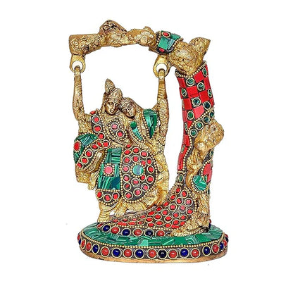 Brassaura® Brass Radha Krishna Idol | 6.5 Inch Multicolor Jhula Statue