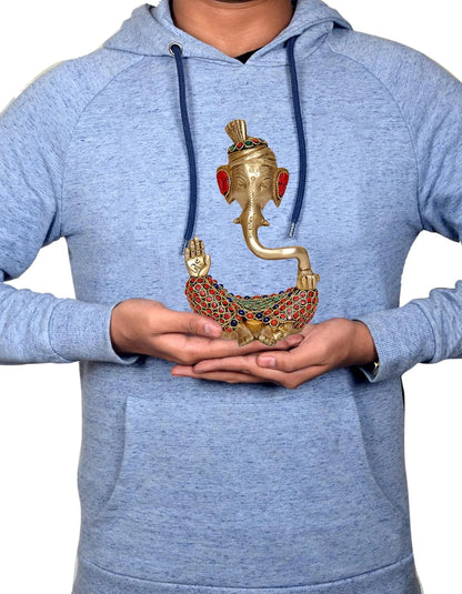 Brassaura® Modern Ganesha Safa Brass Idol with Stone Work | Decorative Spiritual Showpiece | Height 7 Inches