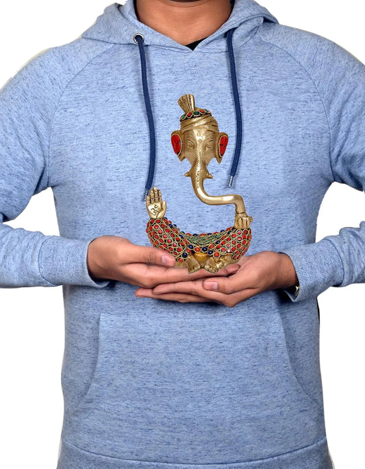 Brassaura® Modern Ganesha Safa Brass Idol with Stone Work | Decorative Spiritual Showpiece | Height 7 Inches