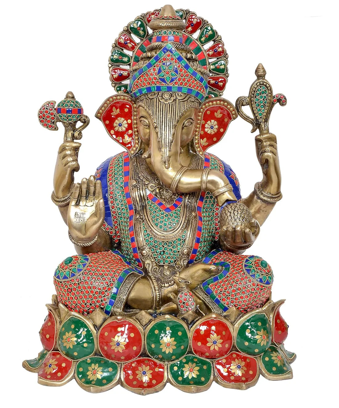 Brassaura® Brass Lord Ganesha Idol | 21.5 Inch Multicolor Ganpati Statue | Handcrafted Brass Murti for Home & Mandir