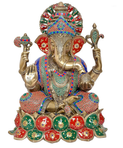Brassaura® Brass Lord Ganesha Idol | 21.5 Inch Multicolor Ganpati Statue | Handcrafted Brass Murti for Home & Mandir