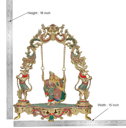Brassaura® Brass Radha Krishna Jhula Idol | 18 Inch Multicolor Murlidhar Statue | Handcrafted Brass Murti for Home & Temple