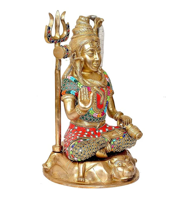 Brassaura® Brass Lord Shiva Idol | 13 Inch Golden Shiv Ji Statue | Handcrafted Brass Mahadev Murti for Home & Temple