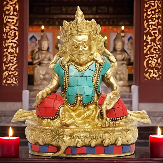 Brassaura™ Brass Gem Stone Work Kuber Idol – Height 5.6 Inches & Weight 1.2 Kgs | Divine Home & Pooja Sculpture