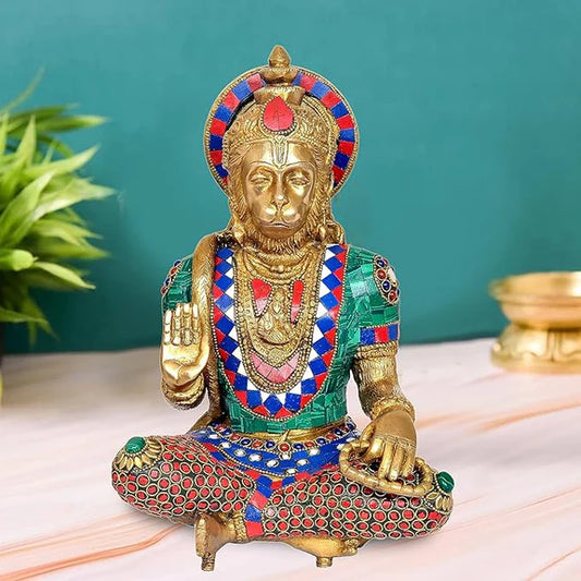 Brassaura® Brass Hanuman Statue | 11 Inch Multicolor Sitting Bajrangbali Idol