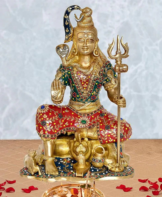 Brassaura® Brass Shiva Sitting Statue | Height 18 Inches | Multicolor Meditating Mahadev Idol for Home & Mandir