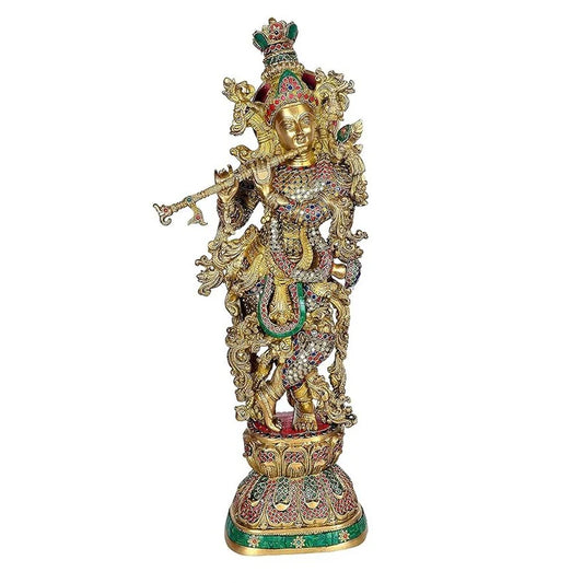 Brassaura® Brass Standing Krishna Statue | 30 Inch Multicolor Lord Krishna Idol | Handcrafted Brass Murti for Home & Temple