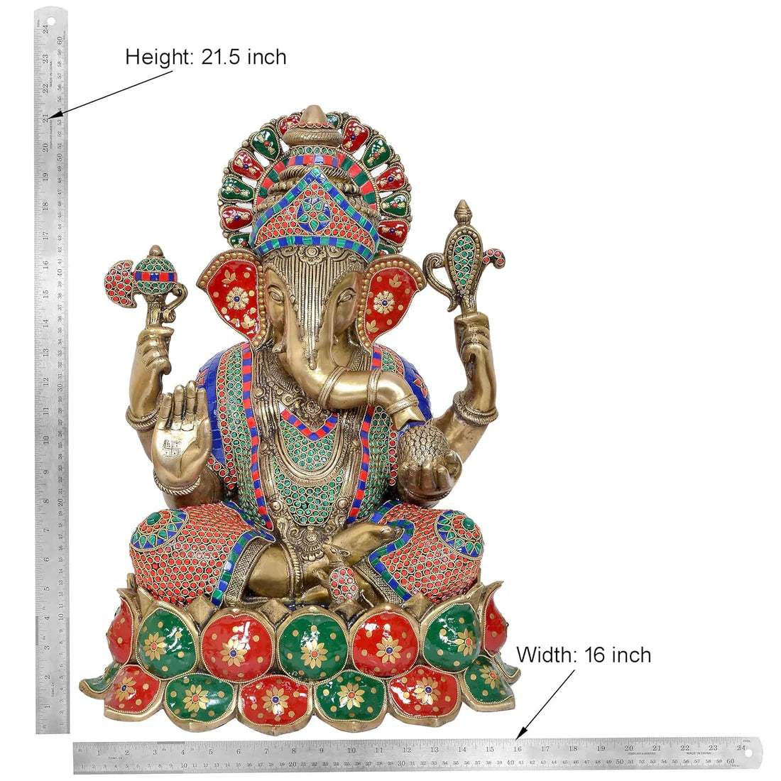 Brassaura® Brass Lord Ganesha Idol | 21.5 Inch Multicolor Ganpati Statue | Handcrafted Brass Murti for Home & Mandir
