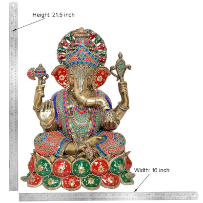 Brassaura® Brass Lord Ganesha Idol | 21.5 Inch Multicolor Ganpati Statue | Handcrafted Brass Murti for Home & Mandir