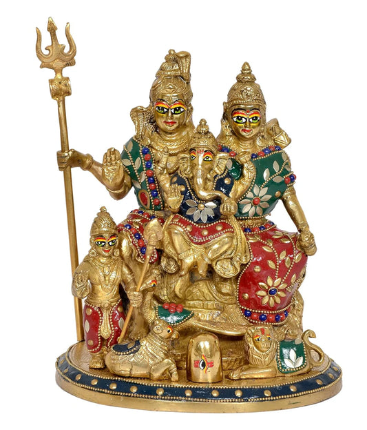 Brassaura® Brass Shiv Parivar Statue | Height 10 Inches | Multicolor Shiva Family Idol for Home & Mandir