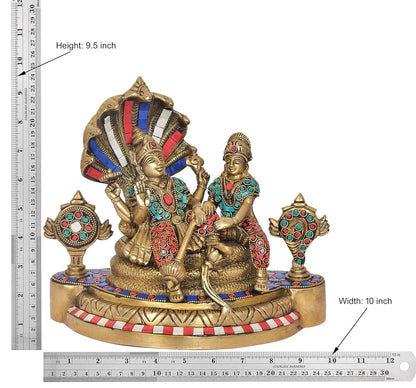 Brassaura® Brass Lakshmi Vishnu Statue | Height 9.5 Inches | Gold Finish Vishnu on Sheshnag Idol for Home & Mandir