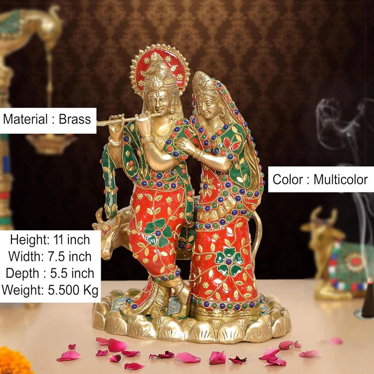 Brassaura® Multicolor Radha Krishna Brass Statue | Handcrafted Krishna Playing Flute Idol | Height 11 Inches