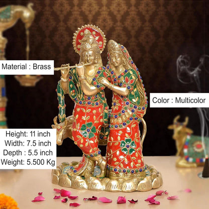 Brassaura® Multicolor Radha Krishna Brass Statue | Handcrafted Krishna Playing Flute Idol | Height 11 Inches