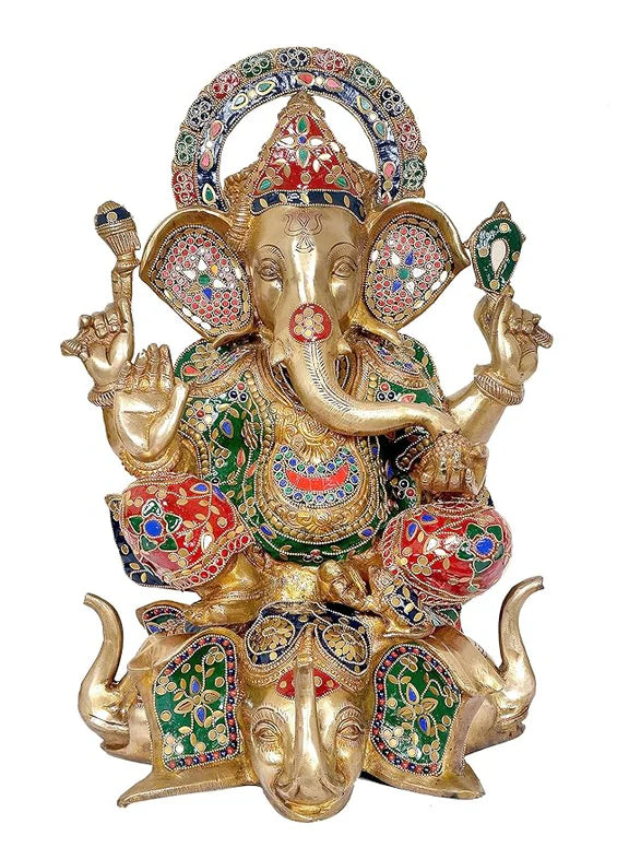 Brassaura® Brass Ganesha Ganpati Statue Idol (Lotus Base) | Height 17 Inches